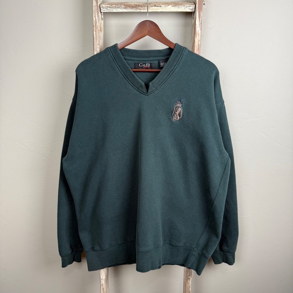 Vintage Golf Green Pullover V Neck Sweatshirt size Large